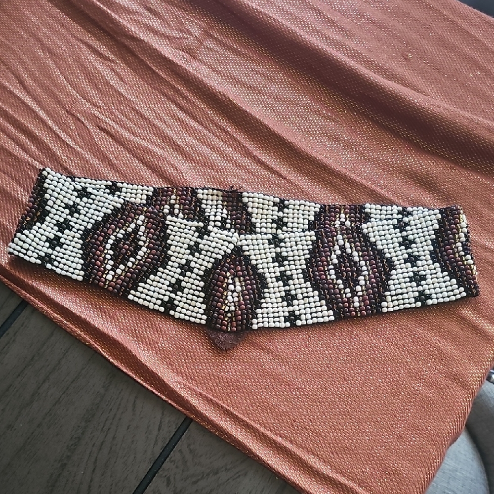 Beaded Geometric Pattern Hand Made Stretch  Belt - Black, White, Brown
